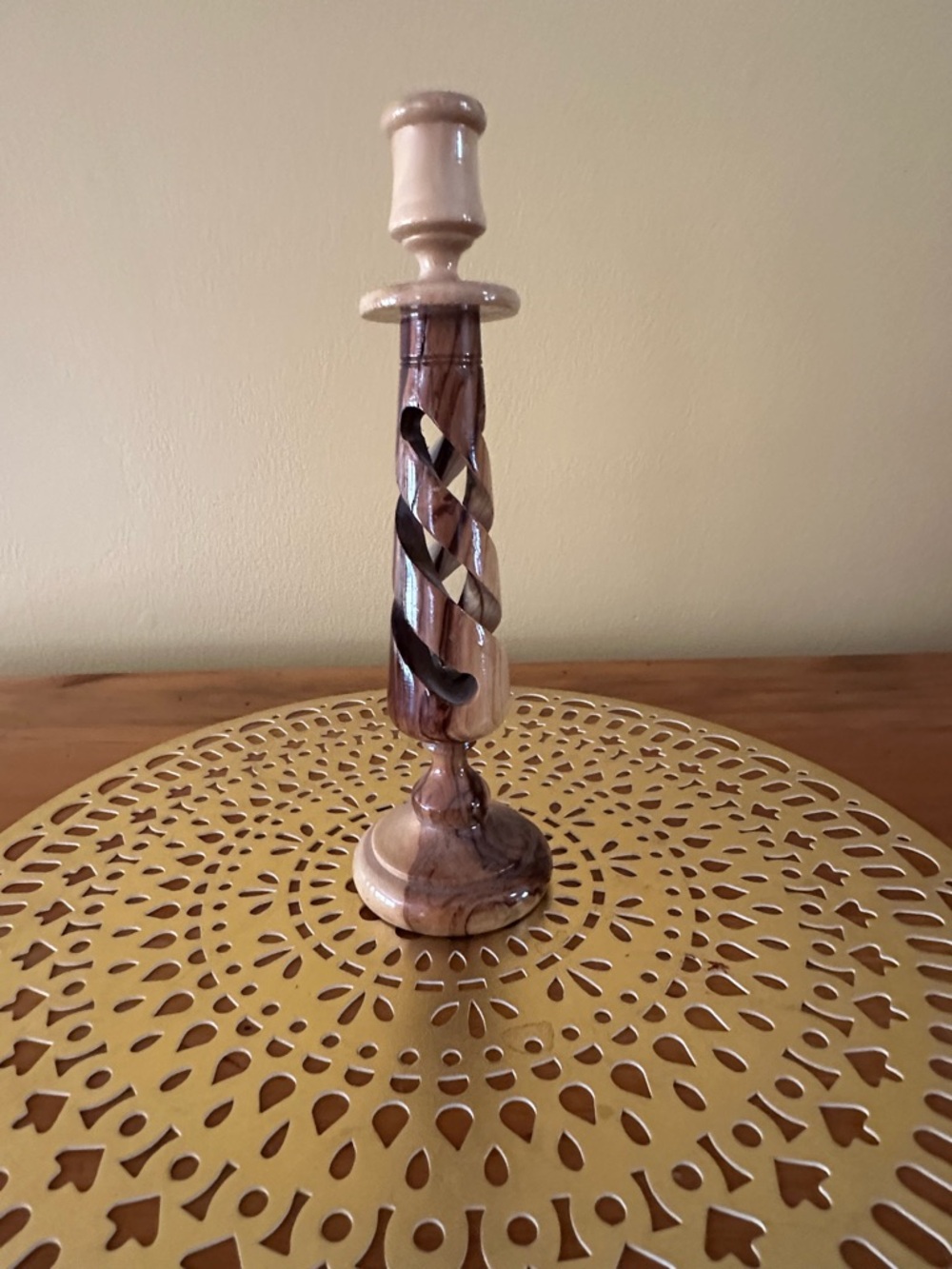 Hand-Turned Spiral Wood Candlestick - Natural Brown & Cream